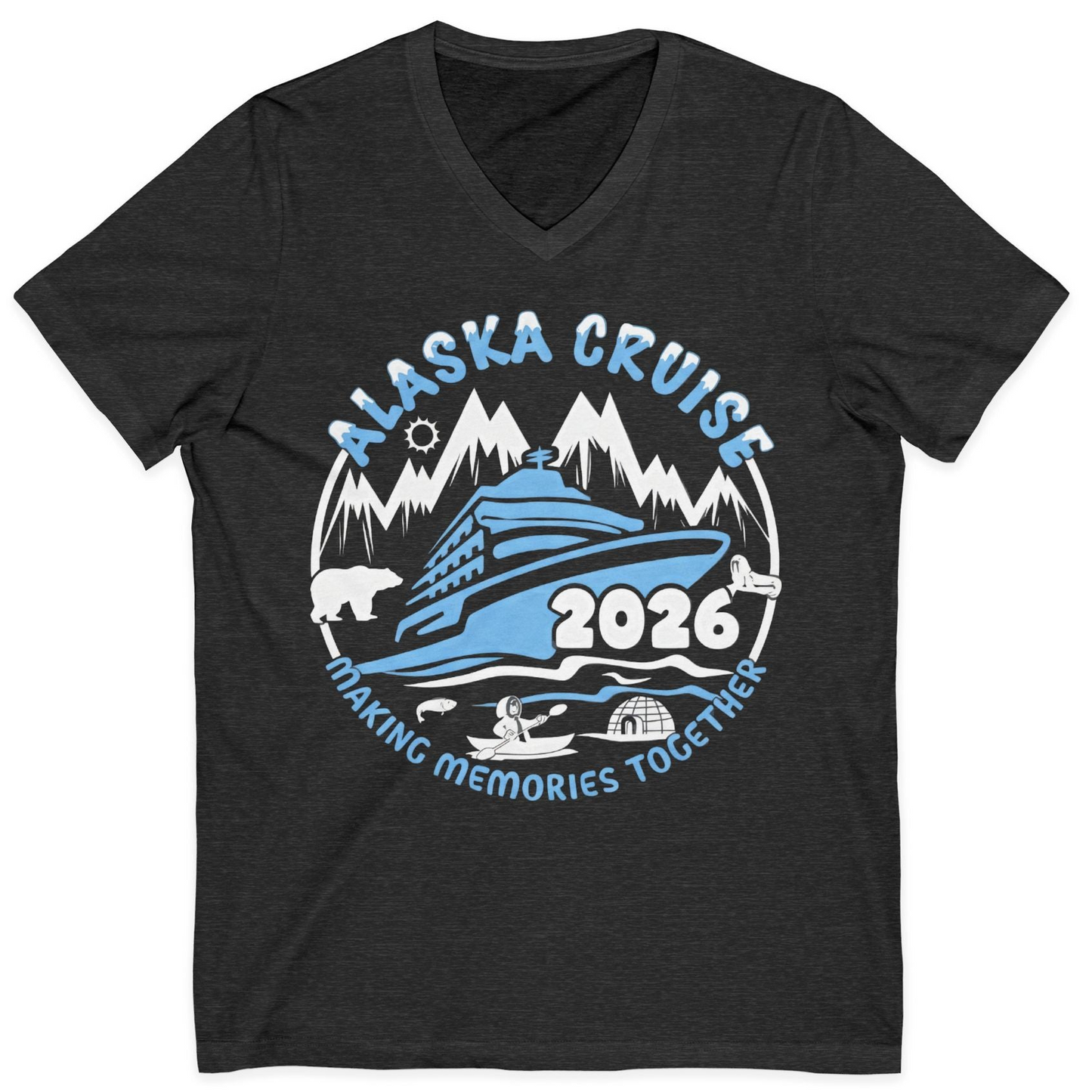 Alaska Cruise 2026 Adventure Shirt V-Neck Shirt – Dark Grey Heather – Alaska Cruise Shirts