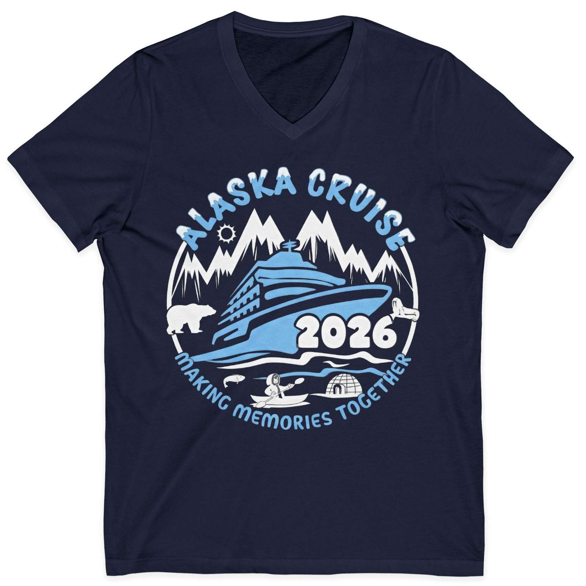 Alaska Cruise 2026 Adventure Shirt V-Neck Shirt – Navy – Alaska Cruise Shirts