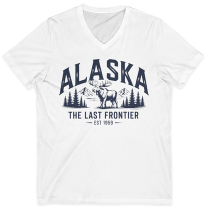 Alaska The Last Frontier Moose Mountain Wilderness Graphic Shirt — V-Neck V-Neck Shirt – White – Alaska Cruise Shirts