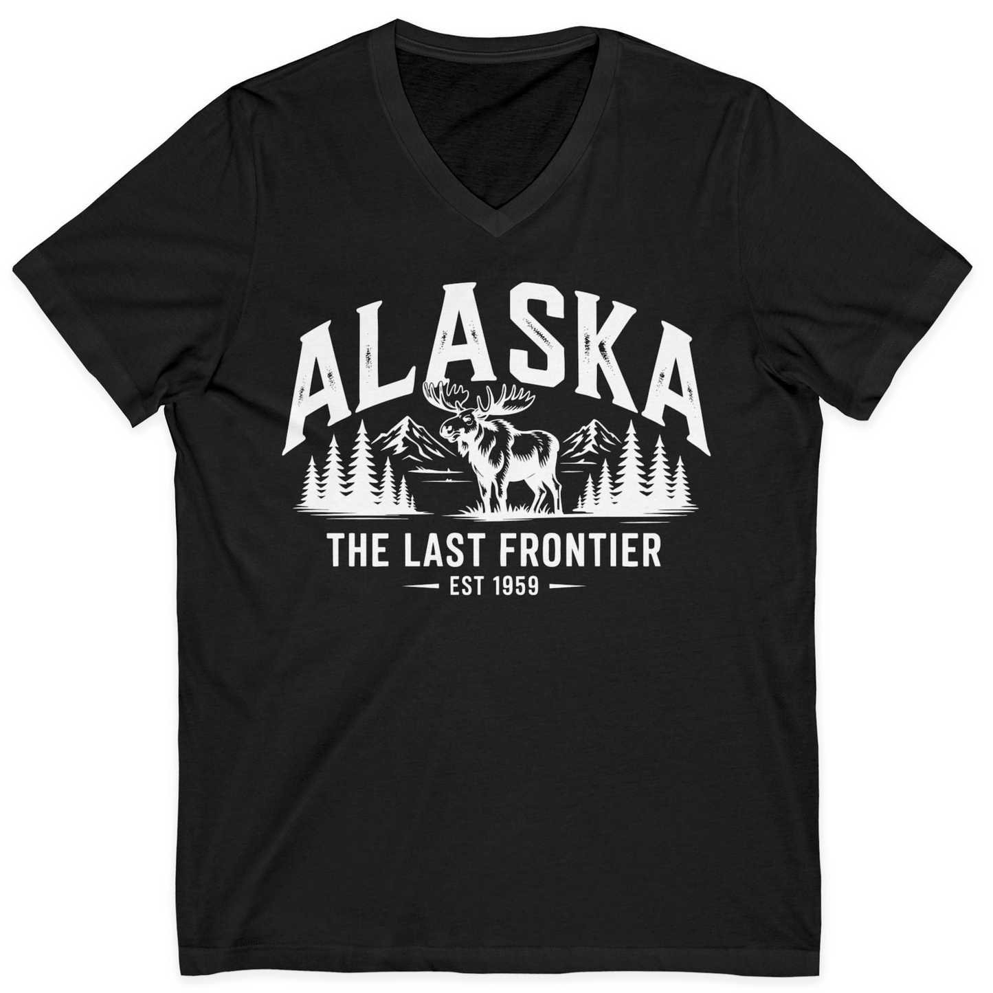 Alaska The Last Frontier Moose Mountain Wilderness Graphic Shirt — V-Neck V-Neck Shirt – Black – Alaska Cruise Shirts