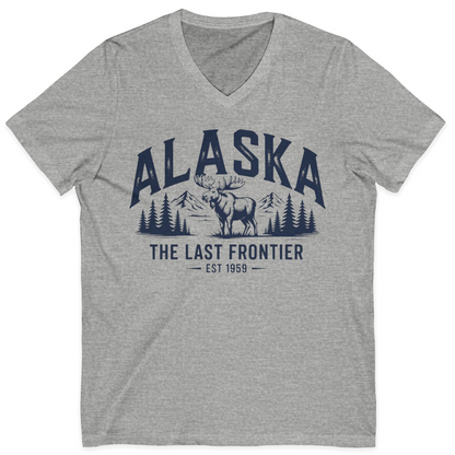 Alaska The Last Frontier Moose Mountain Wilderness Graphic Shirt — V-Neck V-Neck Shirt – Athletic Heather – Alaska Cruise Shirts