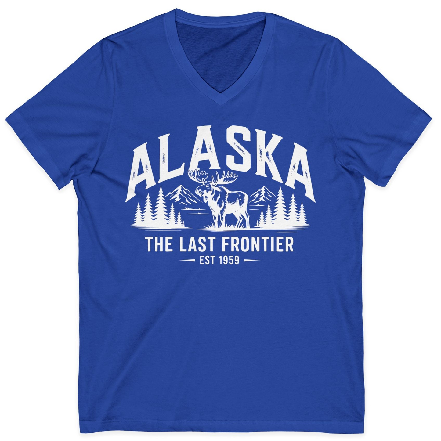 Alaska The Last Frontier Moose Mountain Wilderness Graphic Shirt — V-Neck V-Neck Shirt – True Royal – Alaska Cruise Shirts