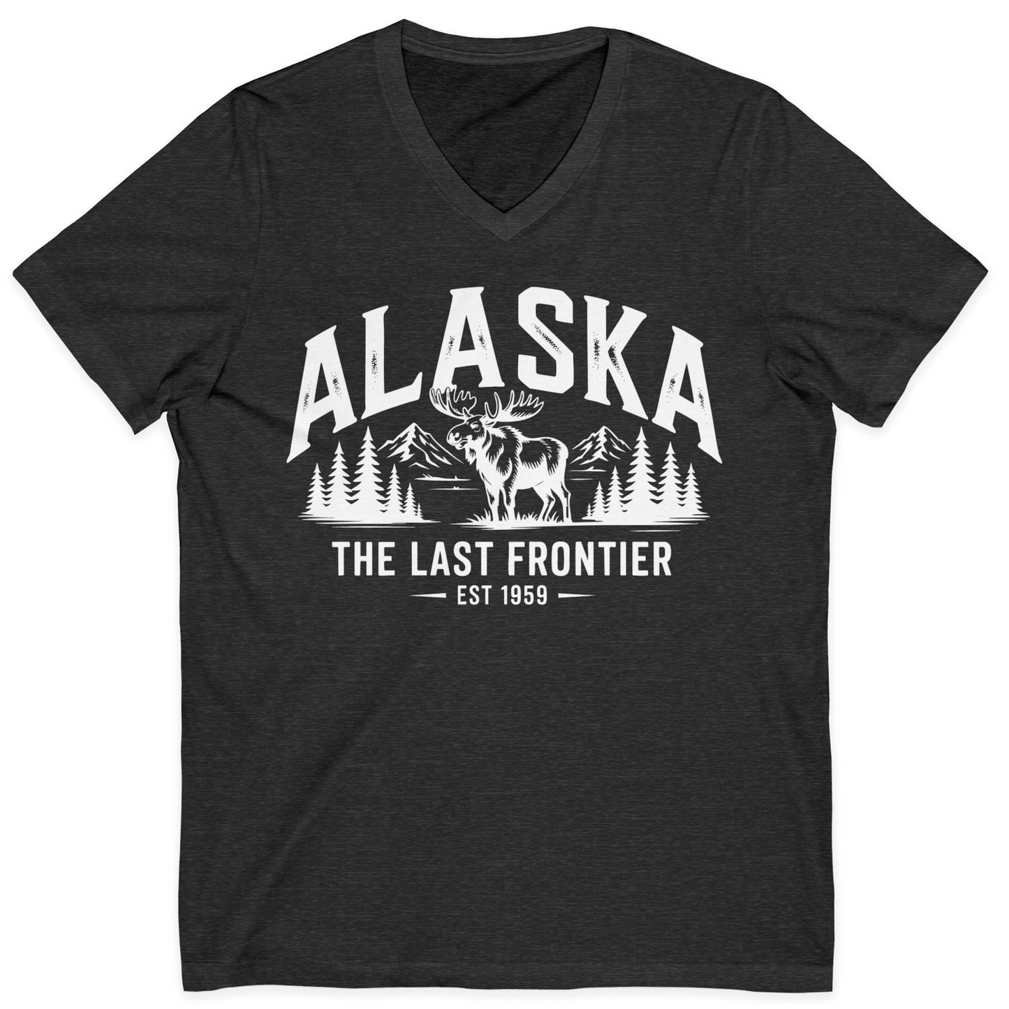 Alaska The Last Frontier Moose Mountain Wilderness Graphic Shirt — V-Neck V-Neck Shirt – Dark Grey Heather – Alaska Cruise Shirts