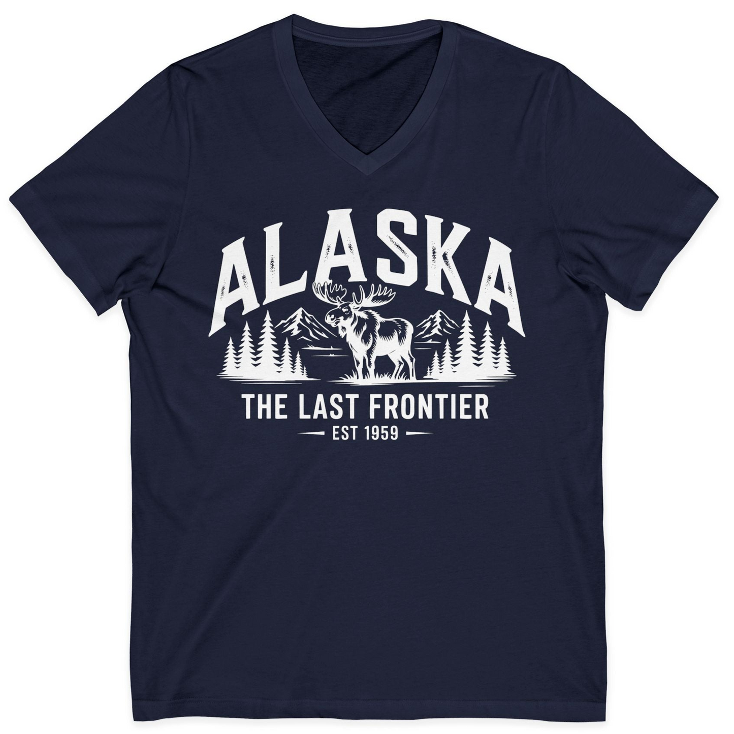 Alaska The Last Frontier Moose Mountain Wilderness Graphic Shirt — V-Neck V-Neck Shirt – Navy – Alaska Cruise Shirts