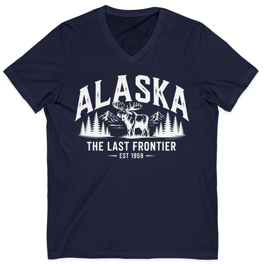 Alaska The Last Frontier Moose Mountain Wilderness Graphic Shirt — V-Neck V-Neck Shirt – Navy – Alaska Cruise Shirts