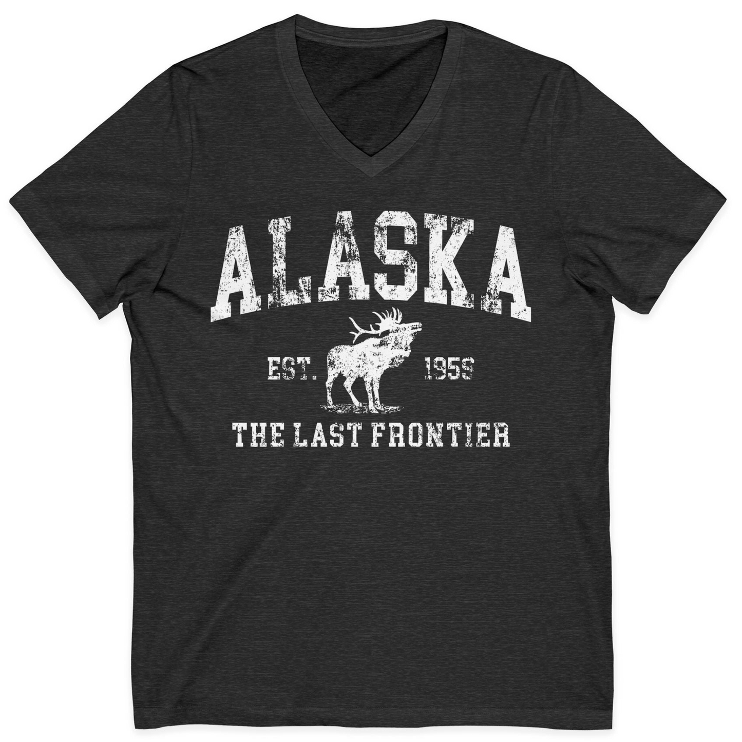 Vintage Alaska Moose Shirt V-Neck Shirt – Dark Grey Heather – Alaska Cruise Shirts