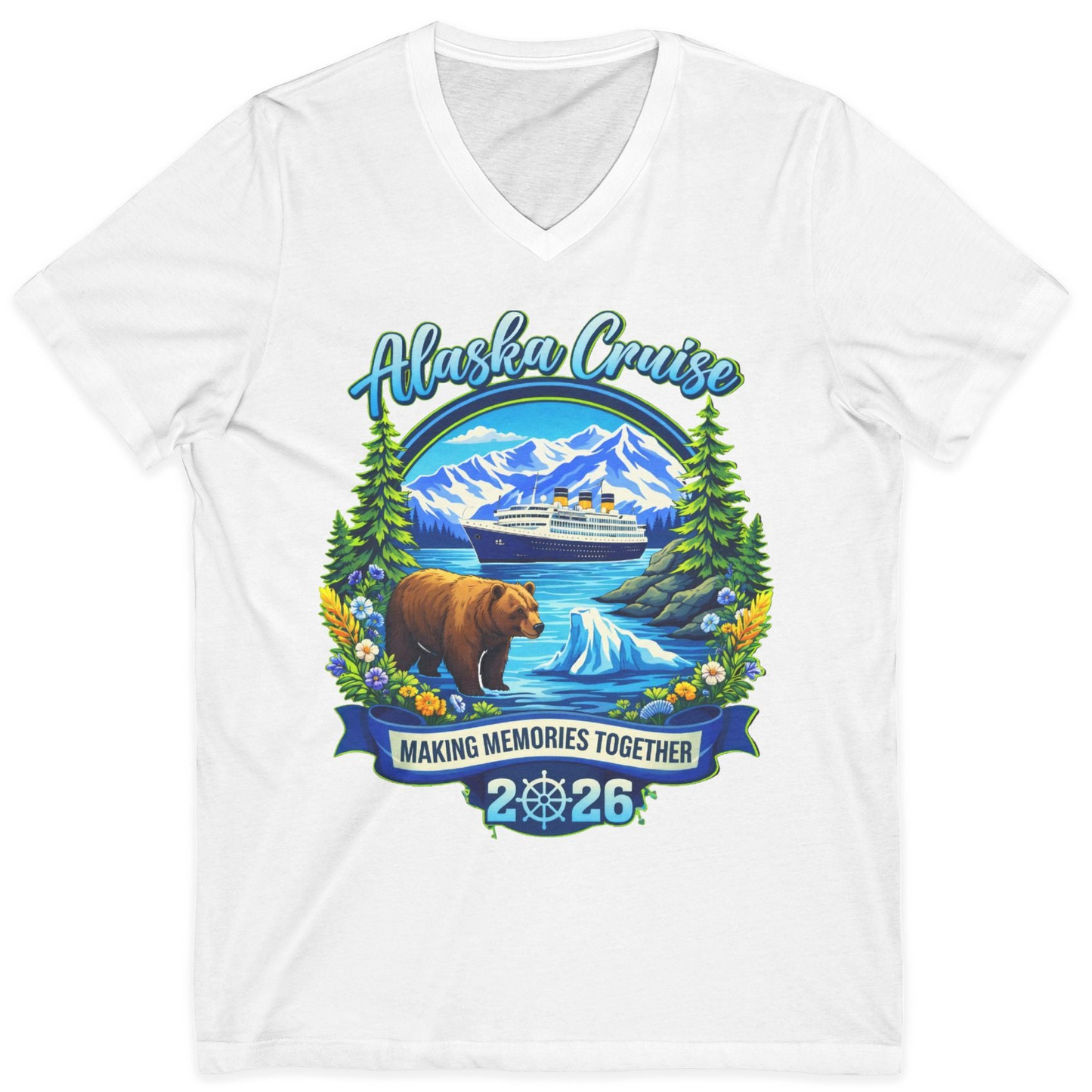 Alaska Cruise 2026 Family Shirt V-Neck Shirt – White – Alaska Cruise Shirts