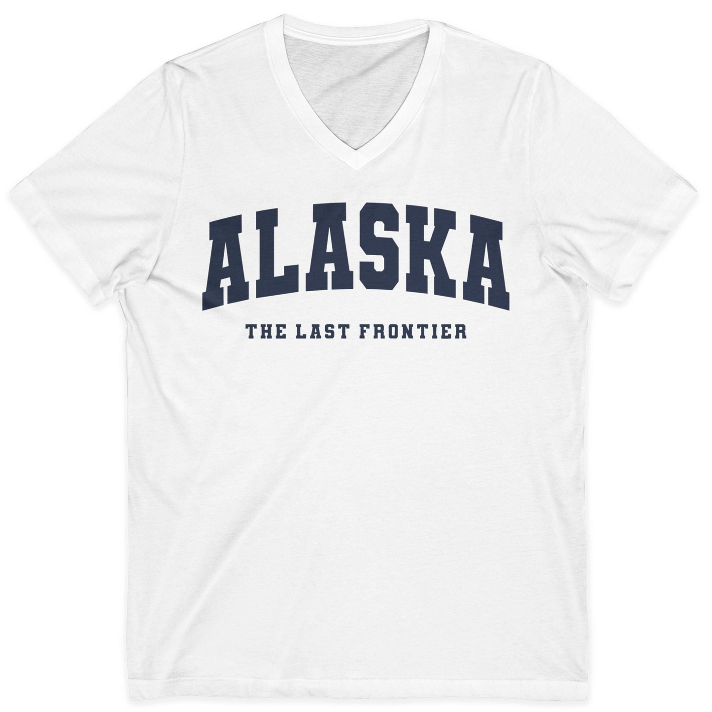 Alaska The Last Frontier Bold Collegiate Vintage State Pride Shirt — V-Neck V-Neck Shirt – White – Alaska Cruise Shirts