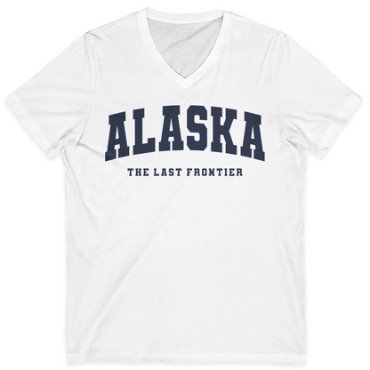 Alaska The Last Frontier Bold Collegiate Vintage State Pride Shirt — V-Neck V-Neck Shirt – White – Alaska Cruise Shirts