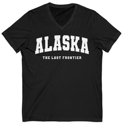 Alaska The Last Frontier Bold Collegiate Vintage State Pride Shirt — V-Neck V-Neck Shirt – Black – Alaska Cruise Shirts