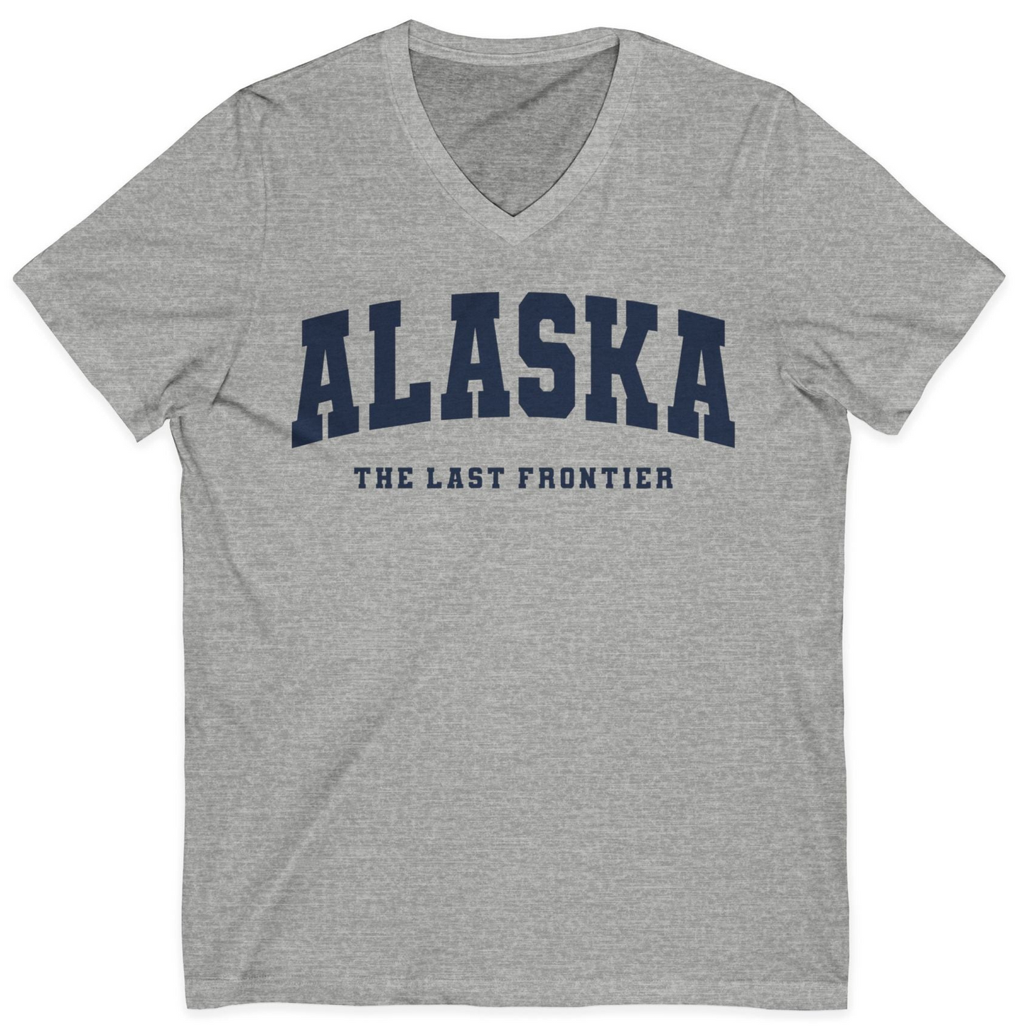 Alaska The Last Frontier Bold Collegiate Vintage State Pride Shirt — V-Neck V-Neck Shirt – Athletic Heather – Alaska Cruise Shirts