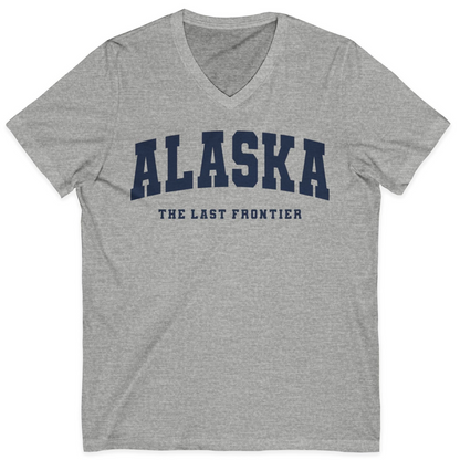 Alaska The Last Frontier Bold Collegiate Vintage State Pride Shirt — V-Neck V-Neck Shirt – Athletic Heather – Alaska Cruise Shirts