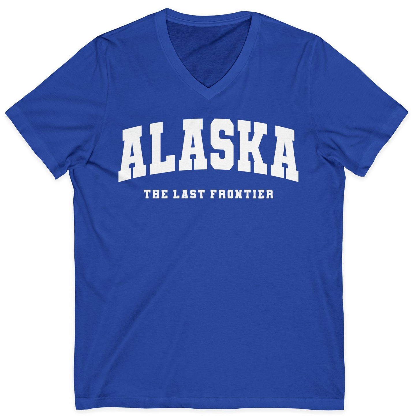 Alaska The Last Frontier Bold Collegiate Vintage State Pride Shirt — V-Neck V-Neck Shirt – True Royal – Alaska Cruise Shirts