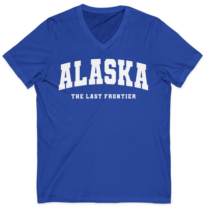 Alaska The Last Frontier Bold Collegiate Vintage State Pride Shirt — V-Neck V-Neck Shirt – True Royal – Alaska Cruise Shirts