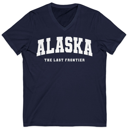 Alaska The Last Frontier Bold Collegiate Vintage State Pride Shirt — V-Neck V-Neck Shirt – Navy – Alaska Cruise Shirts