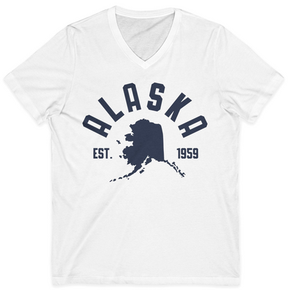 Vintage Alaska State Outline Est 1959 Retro Collegiate Shirt — V-Neck V-Neck Shirt – White – Alaska Cruise Shirts