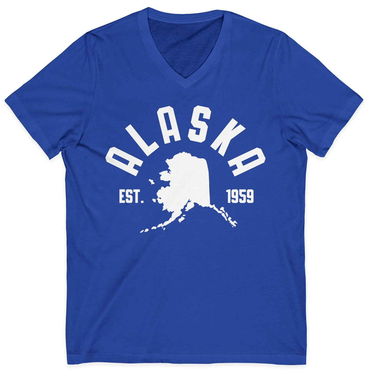 Vintage Alaska State Outline Est 1959 Retro Collegiate Shirt — V-Neck V-Neck Shirt – True Royal – Alaska Cruise Shirts