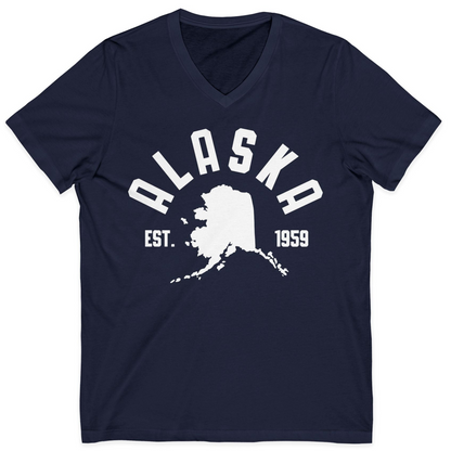 Vintage Alaska State Outline Est 1959 Retro Collegiate Shirt — V-Neck V-Neck Shirt – Navy – Alaska Cruise Shirts