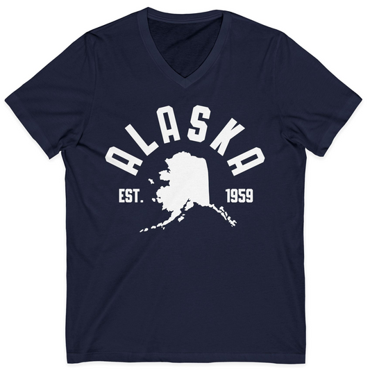 Vintage Alaska State Outline Est 1959 Retro Collegiate Shirt — V-Neck V-Neck Shirt – Navy – Alaska Cruise Shirts