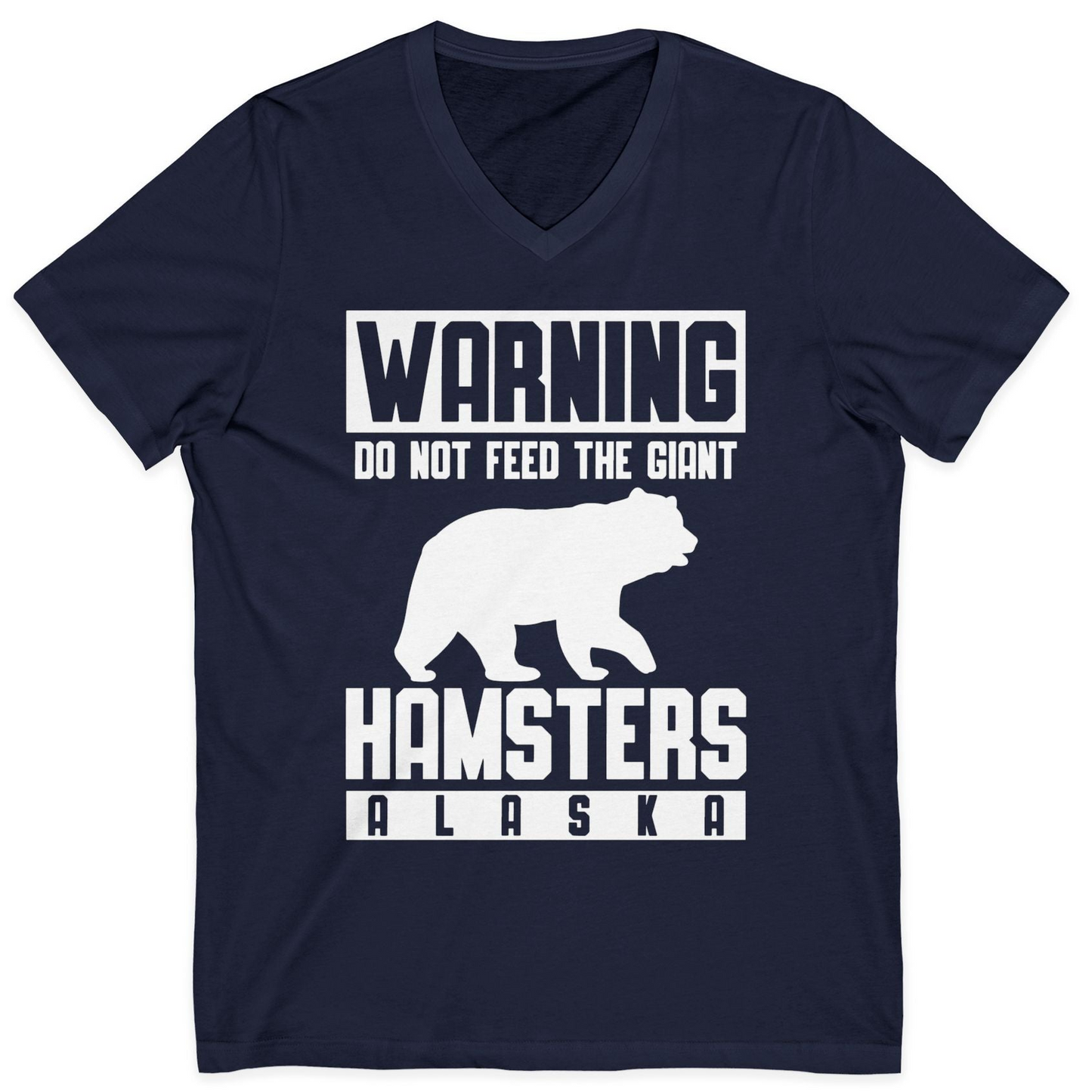 Funny Alaska Bear Giant Hamster Warning Sign Shirt for Travelers — V-Neck V-Neck Shirt – Navy – Alaska Cruise Shirts