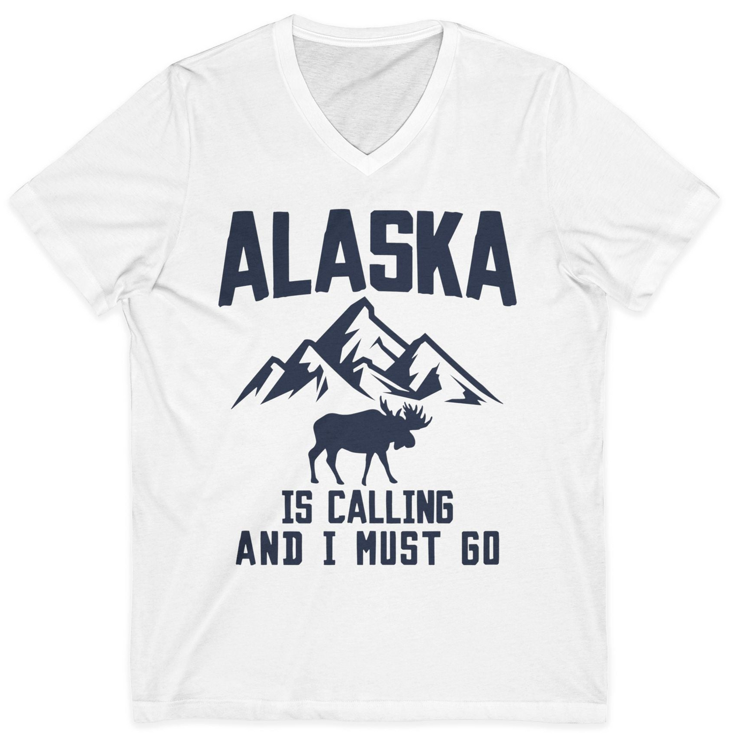 Alaska Is Calling Moose Mountains Adventure Silhouette Nature Shirt — V-Neck V-Neck Shirt – White – Alaska Cruise Shirts