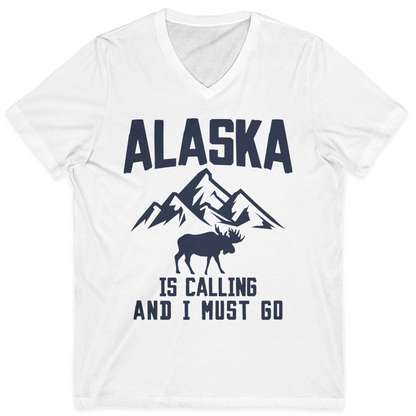 Alaska Is Calling Moose Mountains Adventure Silhouette Nature Shirt — V-Neck V-Neck Shirt – White – Alaska Cruise Shirts