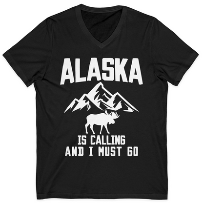 Alaska Is Calling Moose Mountains Adventure Silhouette Nature Shirt — V-Neck V-Neck Shirt – Black – Alaska Cruise Shirts