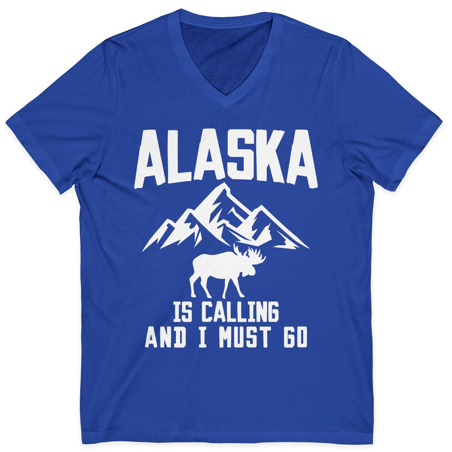 Alaska Is Calling Moose Mountains Adventure Silhouette Nature Shirt — V-Neck V-Neck Shirt – True Royal – Alaska Cruise Shirts