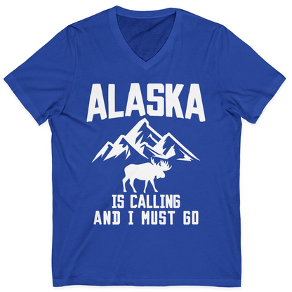 Alaska Is Calling Moose Mountains Adventure Silhouette Nature Shirt — V-Neck V-Neck Shirt – True Royal – Alaska Cruise Shirts