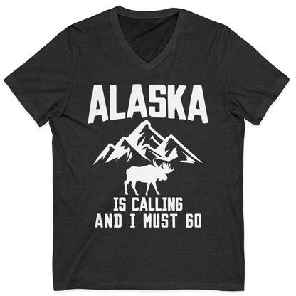 Alaska Is Calling Moose Mountains Adventure Silhouette Nature Shirt — V-Neck V-Neck Shirt – Dark Grey Heather – Alaska Cruise Shirts