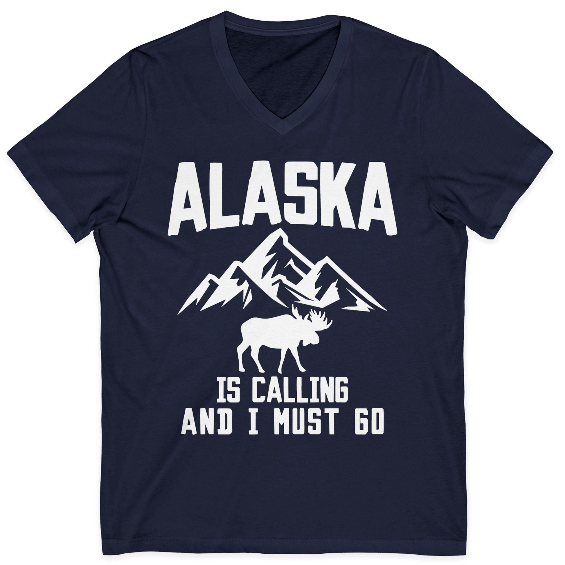 Alaska Is Calling Moose Mountains Adventure Silhouette Nature Shirt — V-Neck V-Neck Shirt – Navy – Alaska Cruise Shirts