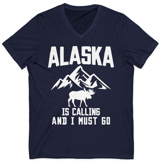 Alaska Is Calling Moose Mountains Adventure Silhouette Nature Shirt — V-Neck V-Neck Shirt – Navy – Alaska Cruise Shirts