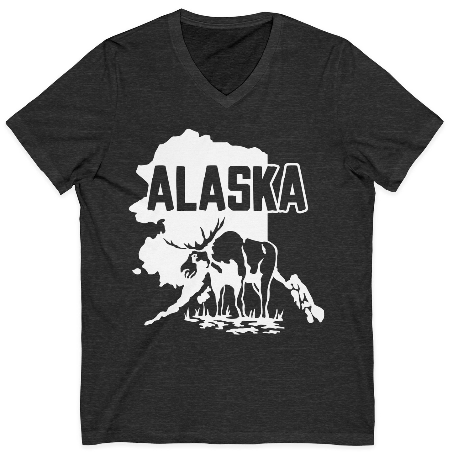 Alaska Moose Silhouette Shirt V-Neck Shirt – Dark Grey Heather – Alaska Cruise Shirts