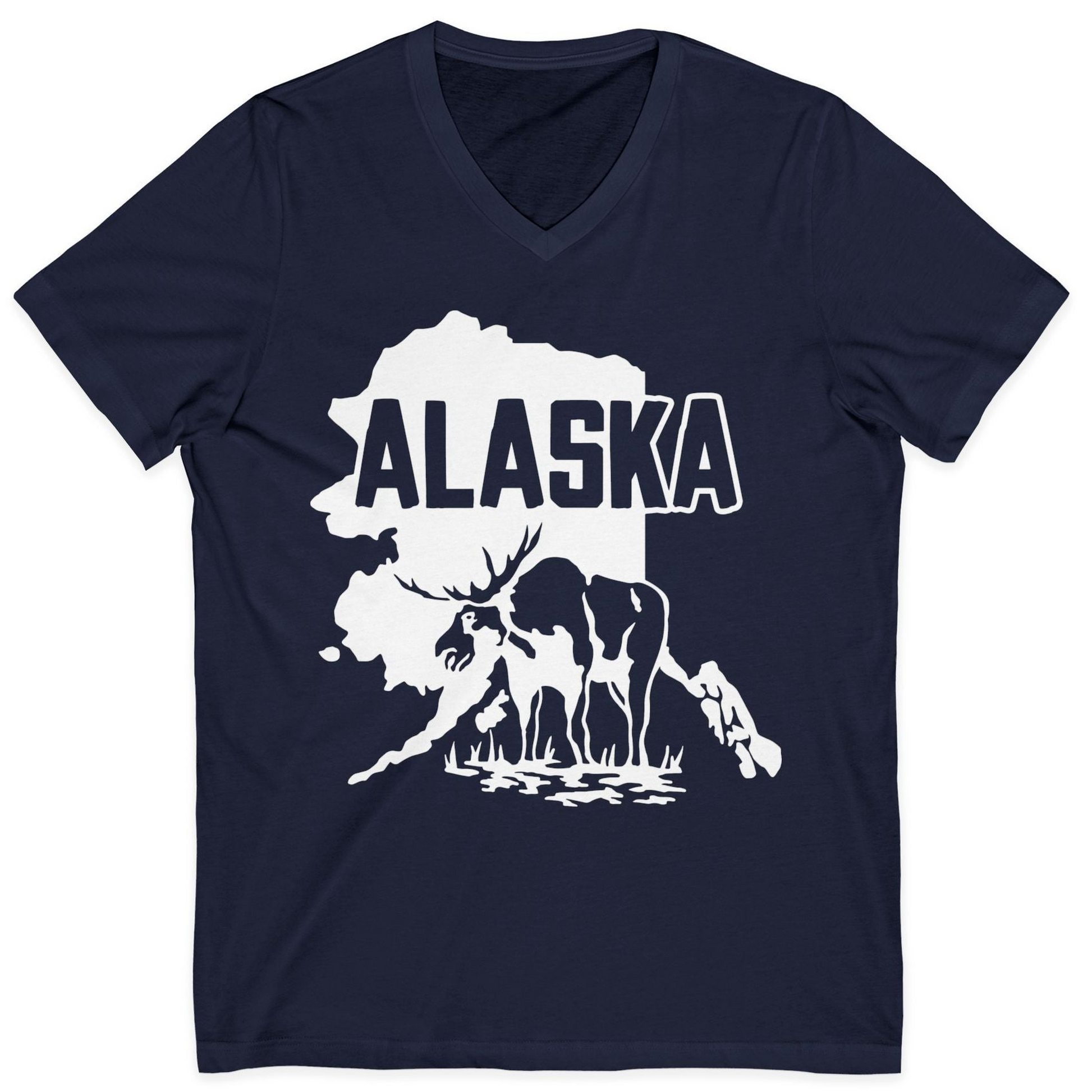 Alaska Moose Silhouette Shirt V-Neck Shirt – Navy – Alaska Cruise Shirts