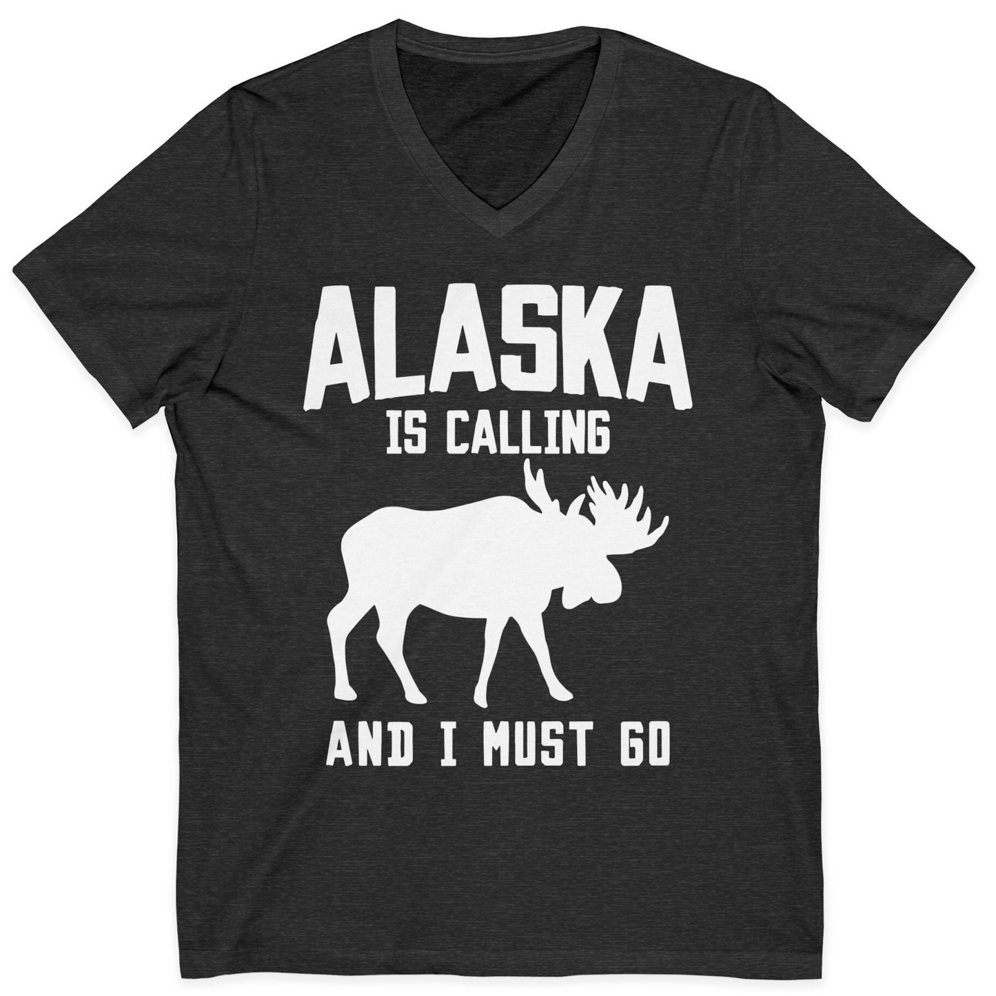 Alaska Is Calling Moose Silhouette Shirt V-Neck Shirt – Dark Grey Heather – Alaska Cruise Shirts
