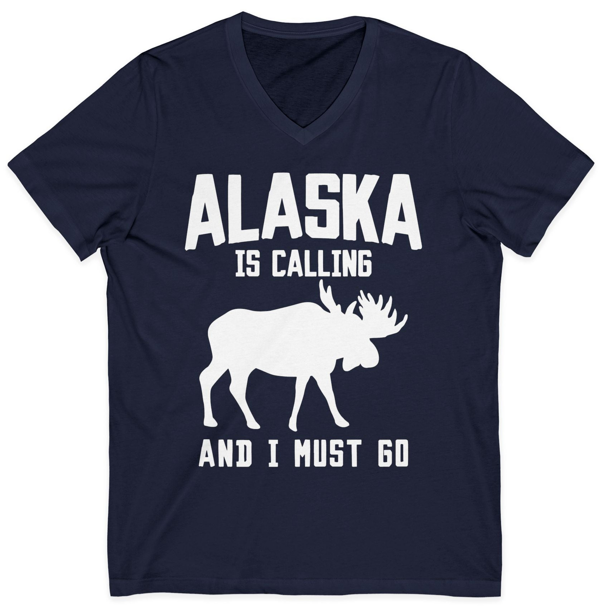 Alaska Is Calling Moose Silhouette Shirt V-Neck Shirt – Navy – Alaska Cruise Shirts