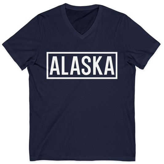 Alaska Bold Text Minimalist Monochrome Graphic Shirt for Travelers — V-Neck V-Neck Shirt – Navy – Alaska Cruise Shirts