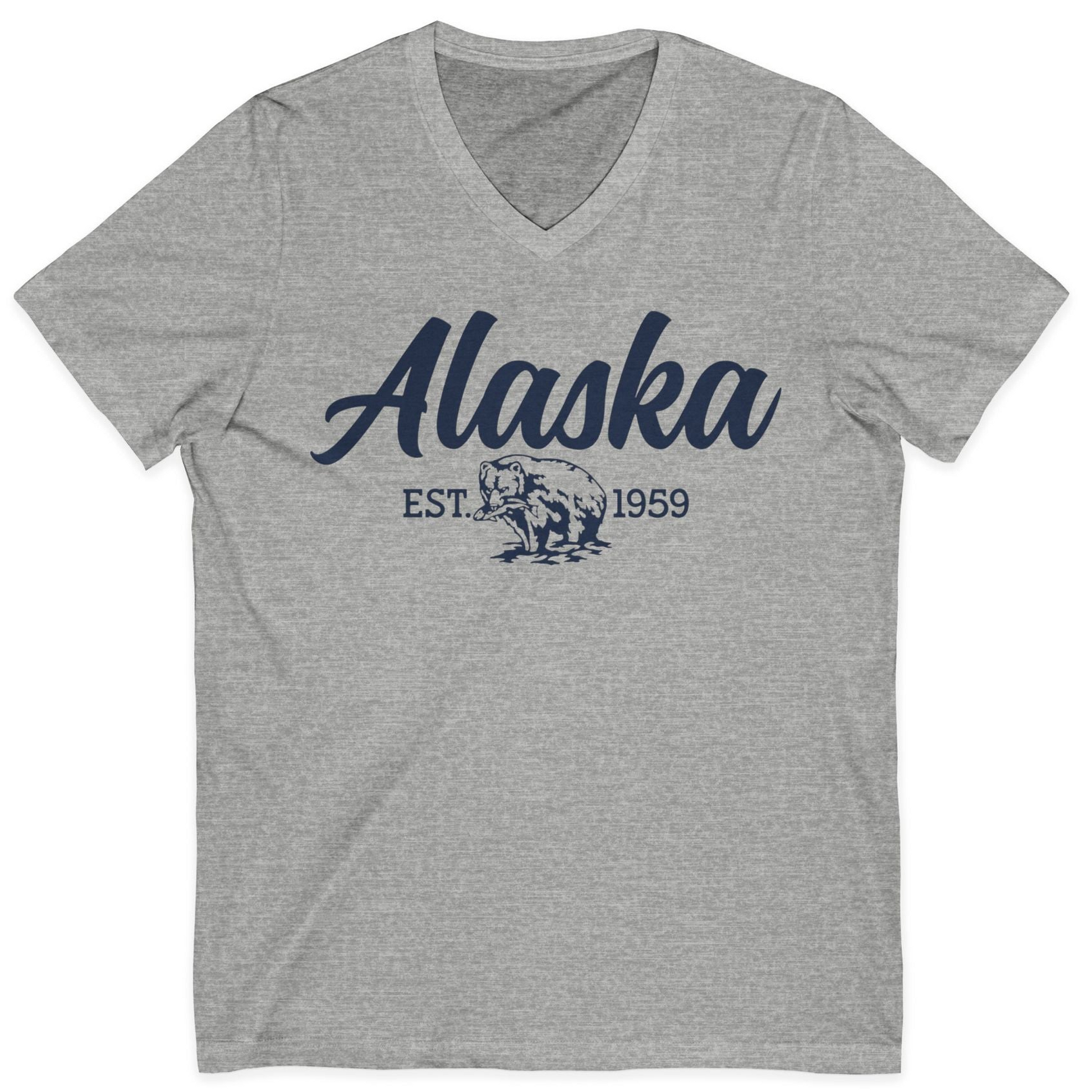 Alaska Bear Est 1959 Vintage Wildlife Graphic Monochrome Shirt — V-Neck V-Neck Shirt – Athletic Heather – Alaska Cruise Shirts