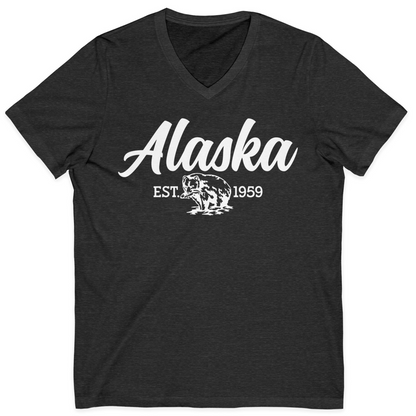 Alaska Bear Est 1959 Vintage Wildlife Graphic Monochrome Shirt — V-Neck V-Neck Shirt – Dark Grey Heather – Alaska Cruise Shirts