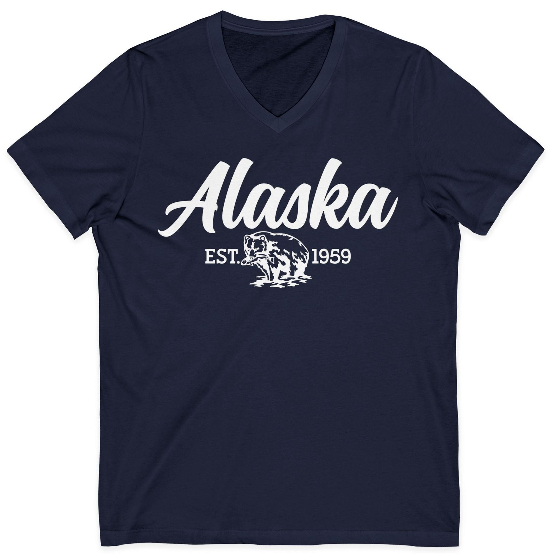 Alaska Bear Est 1959 Vintage Wildlife Graphic Monochrome Shirt — V-Neck V-Neck Shirt – Navy – Alaska Cruise Shirts