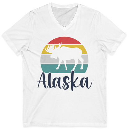Retro Alaska Moose Silhouette Shirt V-Neck Shirt – White – Alaska Cruise Shirts