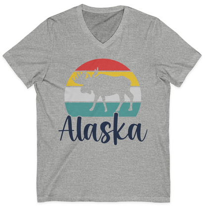 Retro Alaska Moose Silhouette Shirt V-Neck Shirt – Athletic Heather – Alaska Cruise Shirts