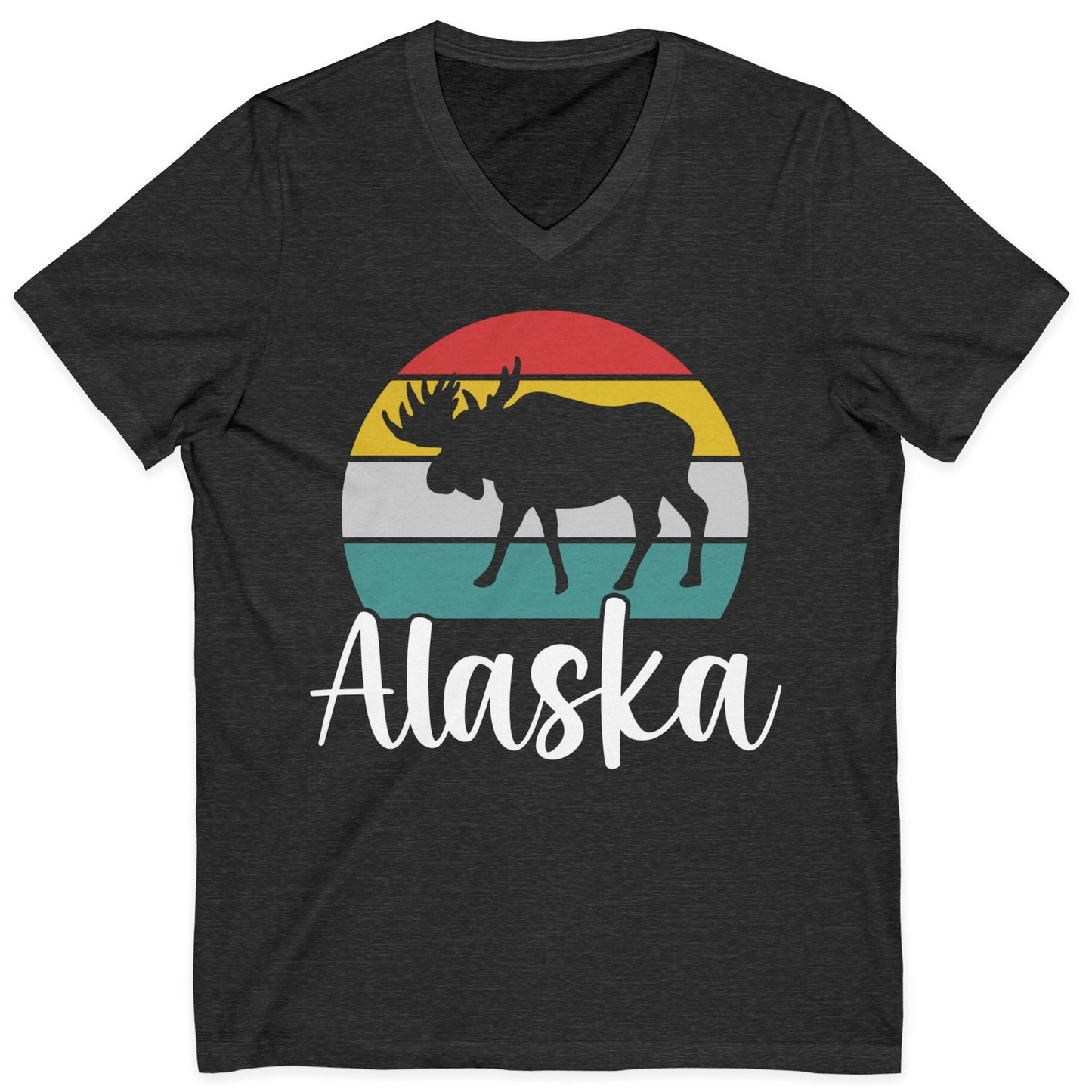 Retro Alaska Moose Silhouette Shirt V-Neck Shirt – Dark Grey Heather – Alaska Cruise Shirts