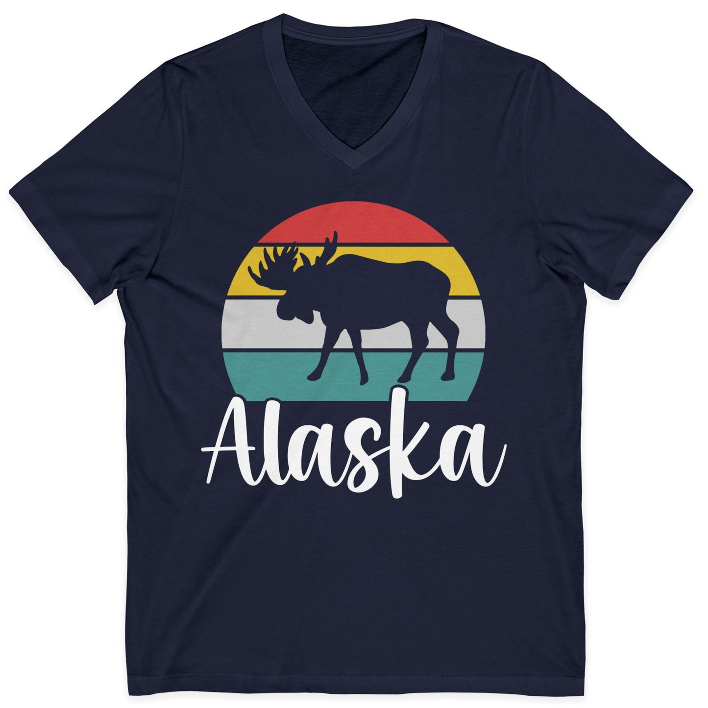 Retro Alaska Moose Silhouette Shirt V-Neck Shirt – Navy – Alaska Cruise Shirts