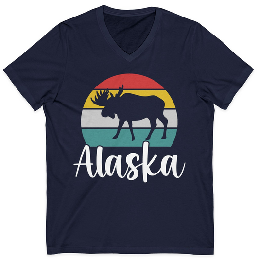Retro Alaska Moose Silhouette Shirt V-Neck Shirt – Navy – Alaska Cruise Shirts