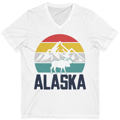 Retro Alaska Moose Silhouette Shirt V-Neck Shirt – White – Alaska Cruise Shirts