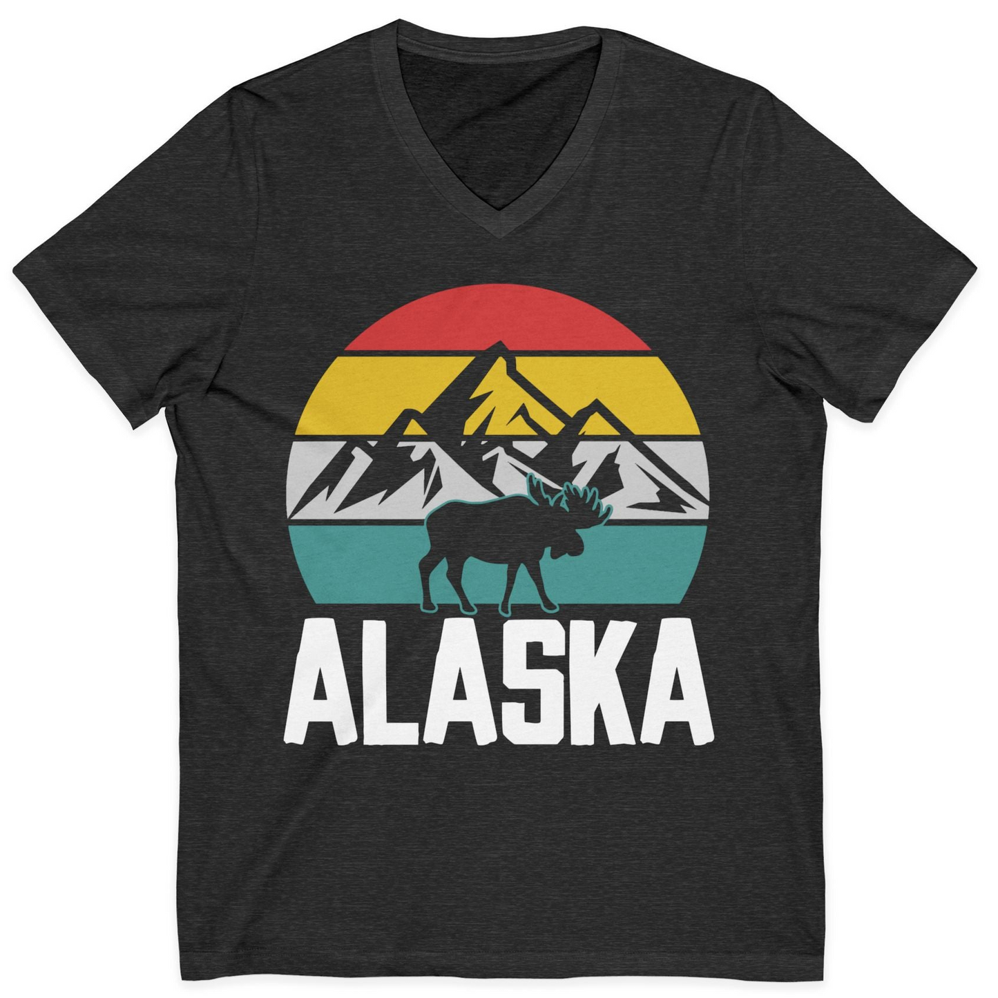 Retro Alaska Moose Silhouette Shirt V-Neck Shirt – Dark Grey Heather – Alaska Cruise Shirts
