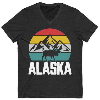 Retro Alaska Moose Silhouette Shirt V-Neck Shirt – Dark Grey Heather – Alaska Cruise Shirts