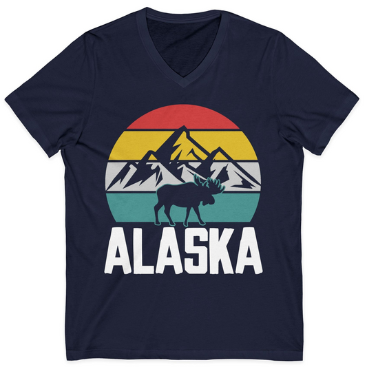 Retro Alaska Moose Silhouette Shirt V-Neck Shirt – Navy – Alaska Cruise Shirts