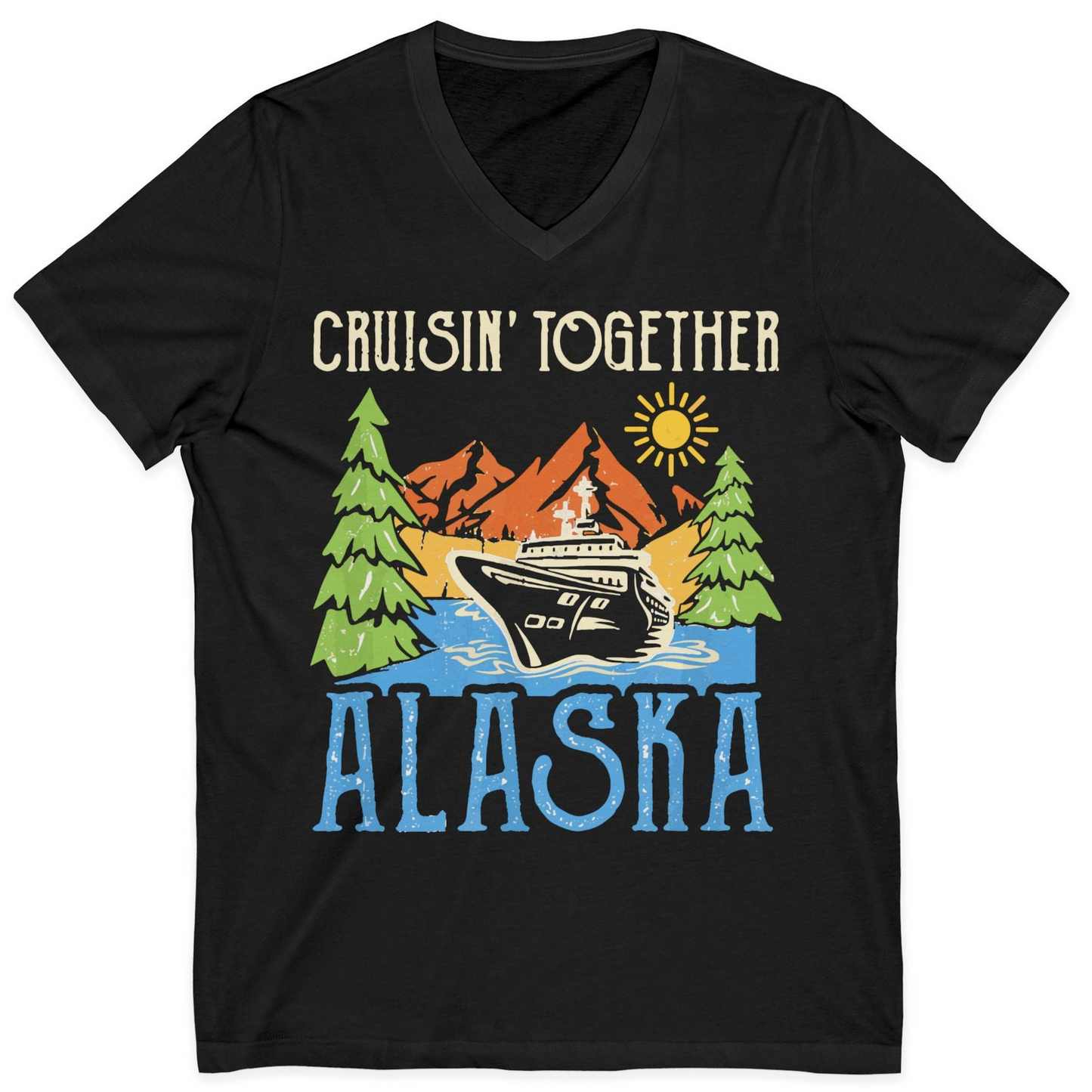 Alaska Cruise Adventure Nature Landscape Retro Family Shirt — V-Neck V-Neck Shirt – Black – Alaska Cruise Shirts